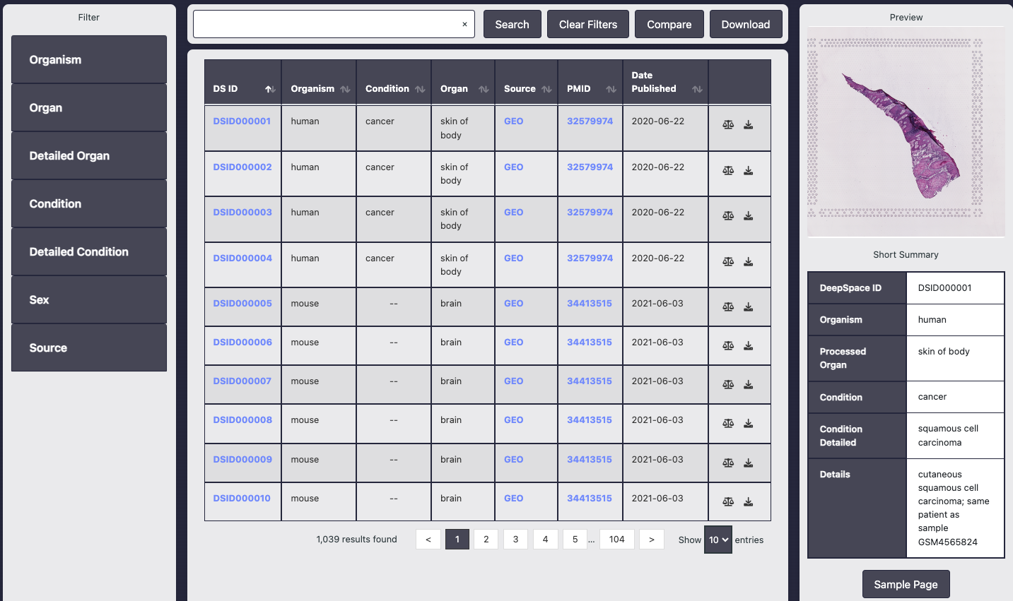 Database page screenshot